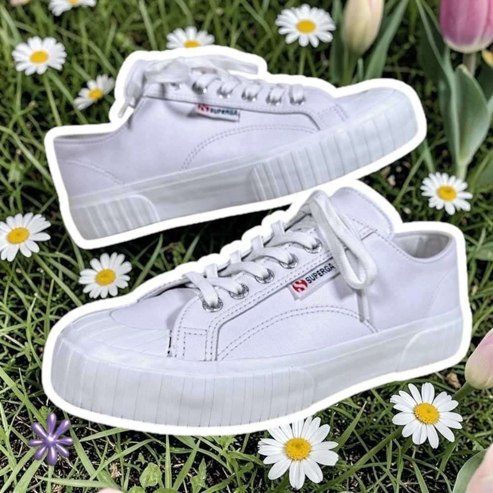 SUPERGA 2630 Stripe Nappa White Leather Platform Lace Up Casual Sneakers Women 8